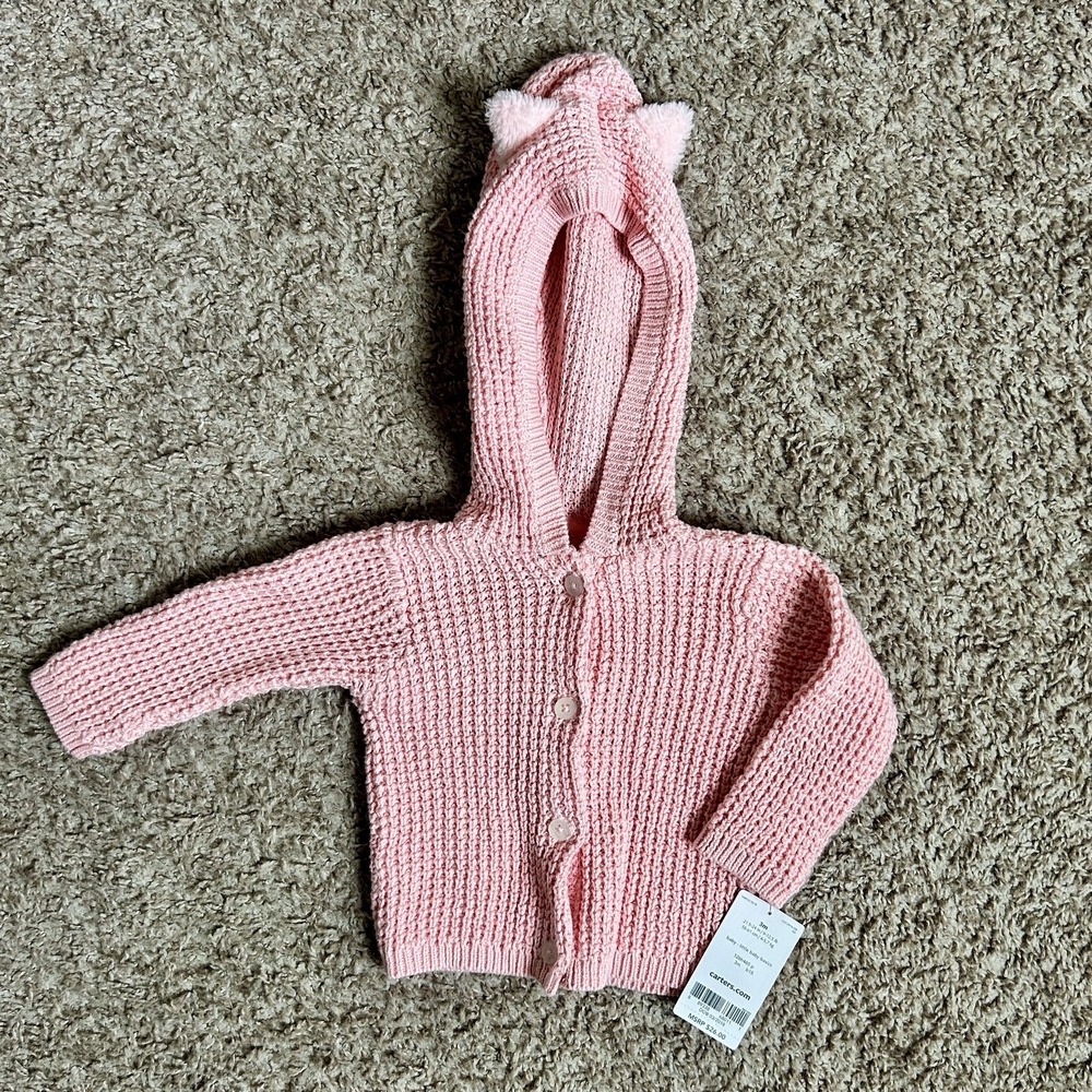 Carters I Baby Pink Knit Hooded Cardigan Sweater w Cat Ears I Size 3M I NWT‎